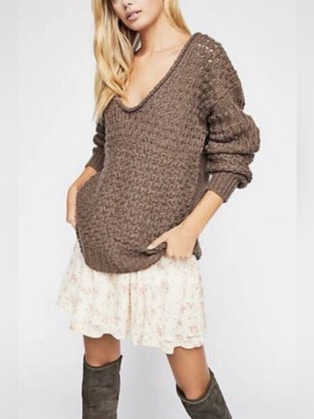Free People Crashing Waves Chunky Knit Pullover Sweater Cocoa Brown Size Medium